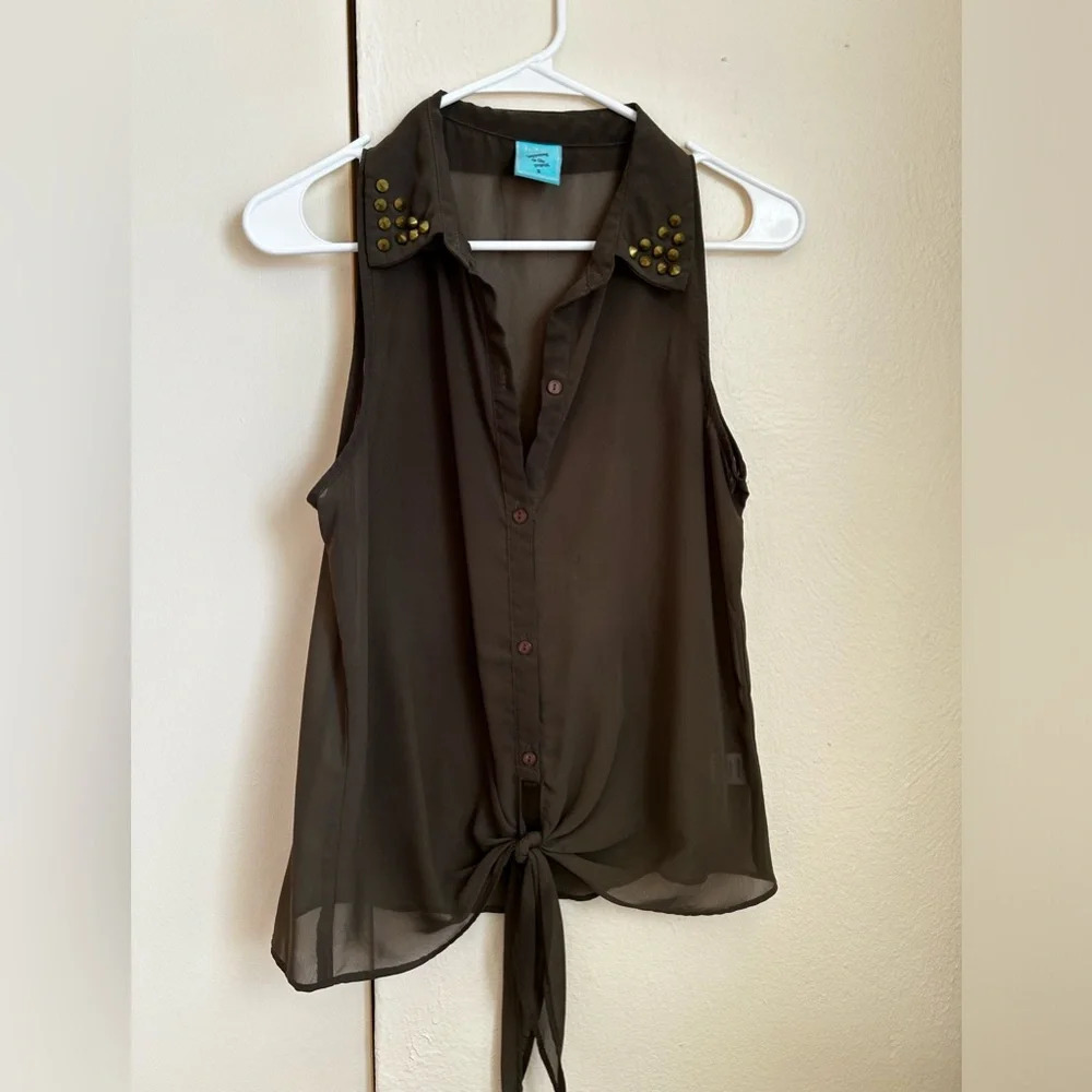 Army green silky blouse with brass accents and tie in front